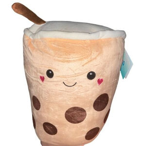 HugMe 12” Stuffed Plush Boba Bubble Tea Tan Pillow Hearts Valentine Love